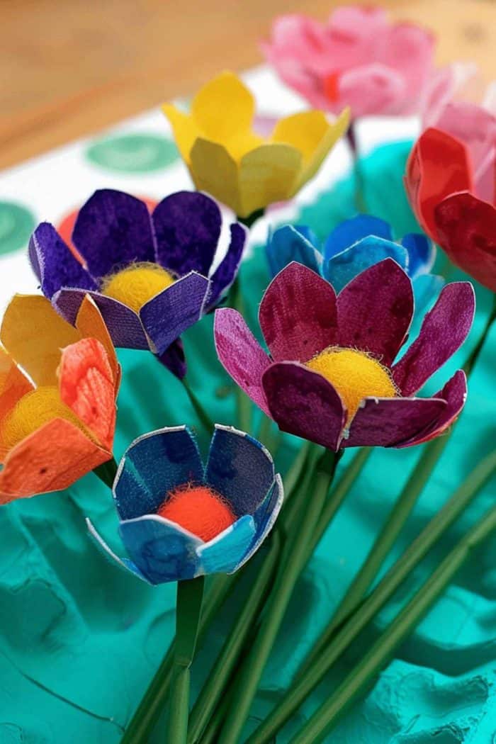 Fashion flowers by cutting the lids of egg cartons into petals, painting each in bright floral hues. 