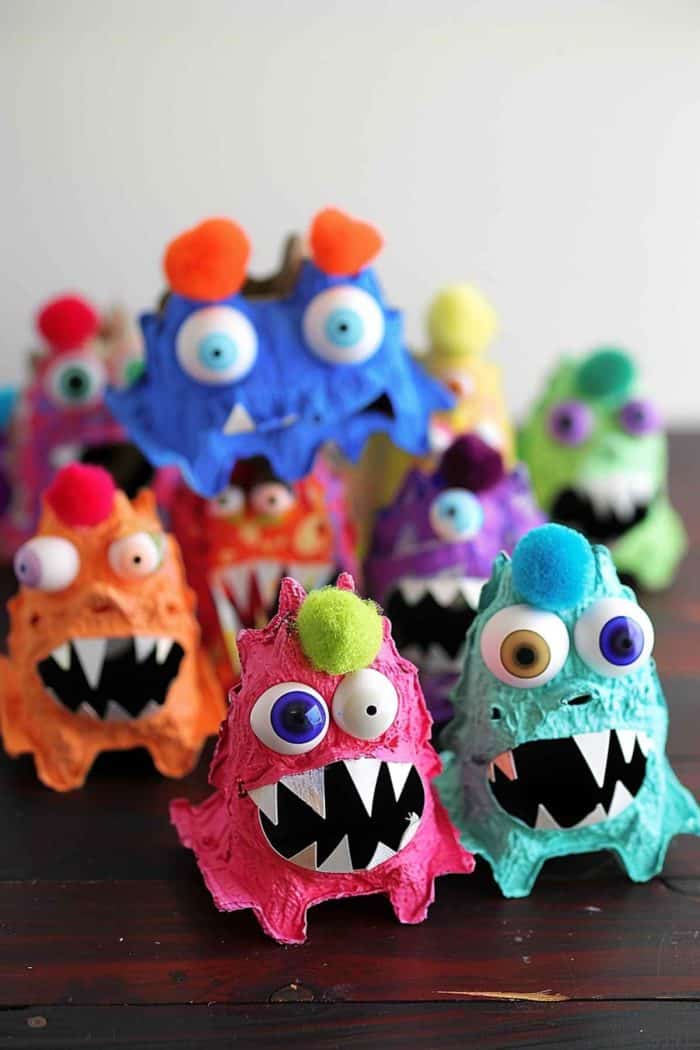 Create fantastical monsters from egg carton sections, painting them in vibrant colors. Embellish with brightly colored pom-poms for textural interest and affix wiggly eyes to bring each creature to life with its own personality.