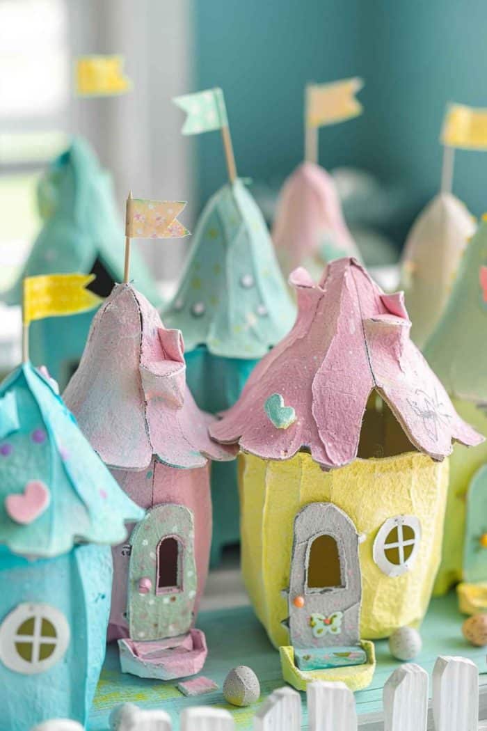 Construct fairy houses using egg carton cups, painting them in pastel hues. Cut out roofs, windows, and doors from egg cartons for a whimsical creation. Add flags to each one to complete the look.
