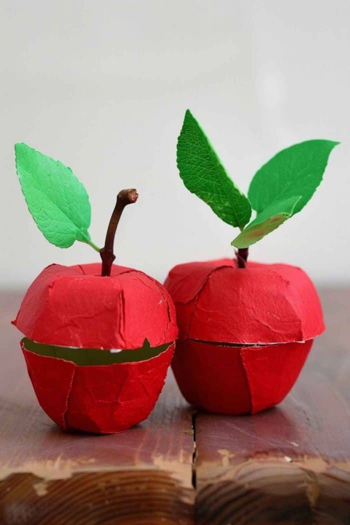 Transform an old egg carton with a lid into apples by painting it in bright red. Add details like stems and leaves using green paper or felt.