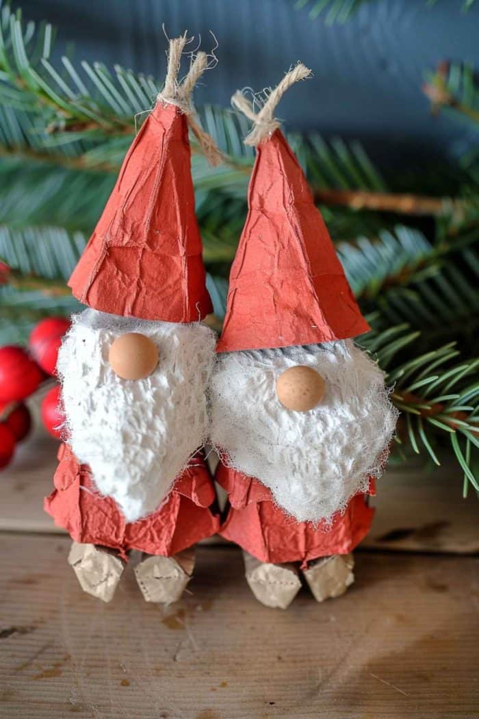 Fashion garden gnomes from egg cartons, creating a rounded body with stacked egg carton cups and a conical hat from cardstock or cardboard. 