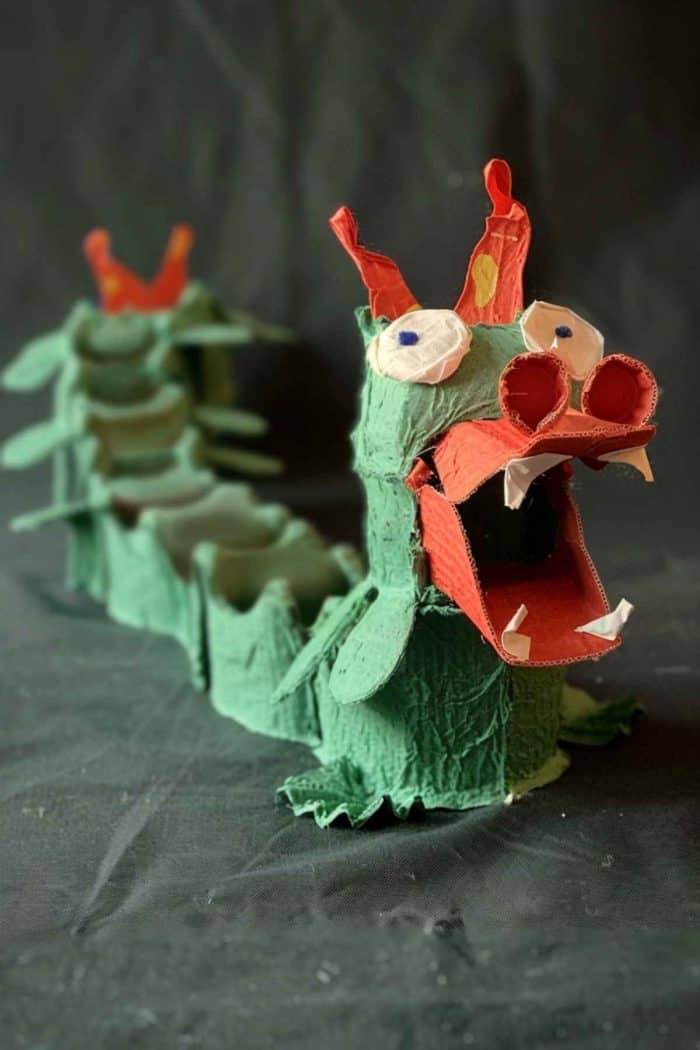 Fashion dragons from egg carton segments, painting them in bold colors. Use additional carton pieces or colored paper to create wings and tails, and consider adding textured materials like fabric or foil to give a scaly appearance.