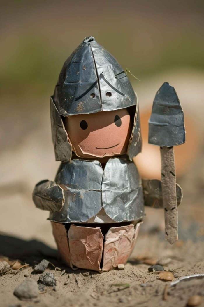 Craft knights using egg carton cups for the body, painting them in metallic hues. Create arms and a sword from paper, and add a smiling face on an egg for the knight’s head.