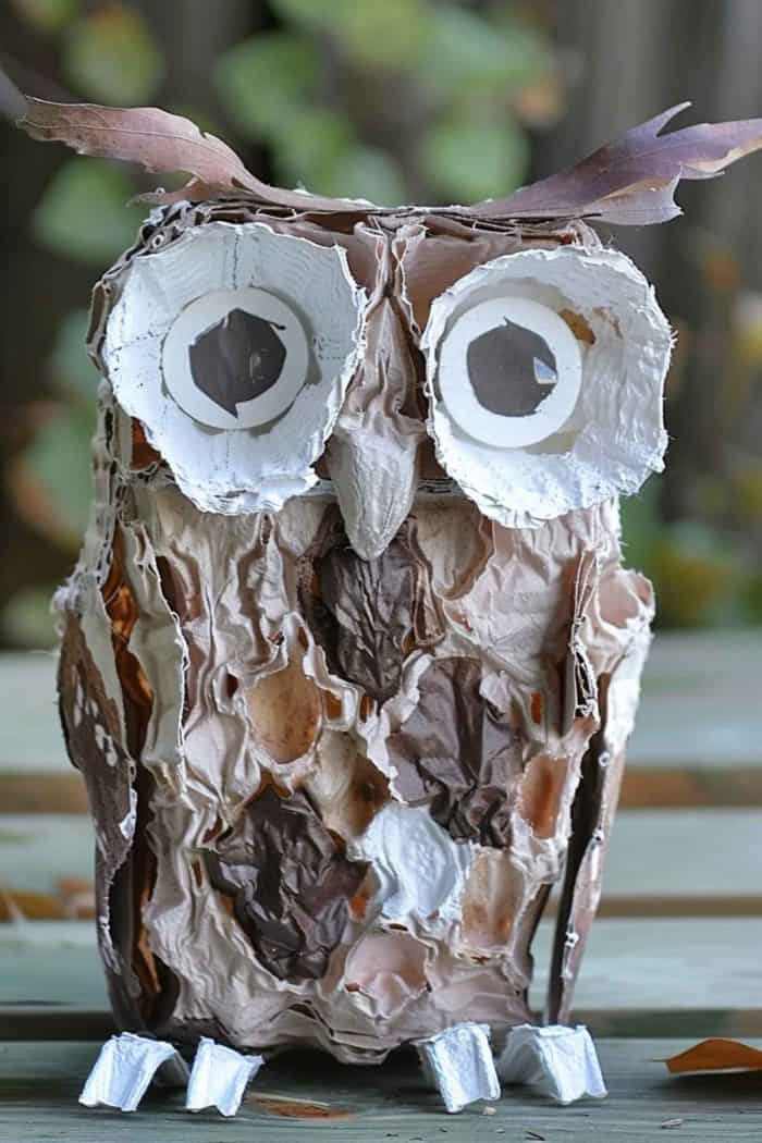Create an owl by using egg carton cups for the eyes and adding layers of painted paper for the feathers. Cut the egg cartons into strips for the feet as well, positioning each owl as if watching from a tree branch.