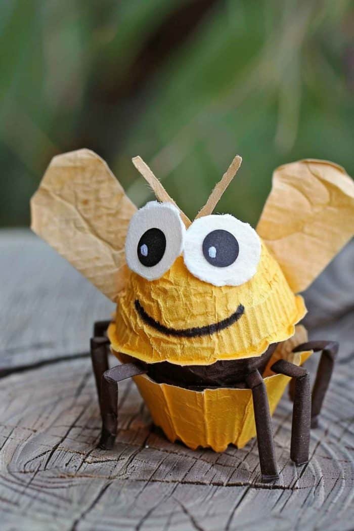 Transform egg carton sections into bees by painting alternating black and yellow stripes. Cut wings from wax paper, attach them to the body, and add eyes and antennae on the head for detailed features.
