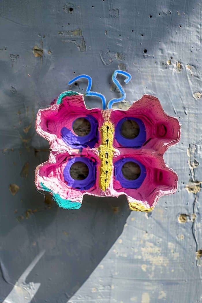 Cut butterfly shapes from egg cartons and decorate them with a kaleidoscope of acrylic paints. Add symmetry to the wing patterns for a realistic touch, and attach a small body cut from additional carton pieces or craft paper.