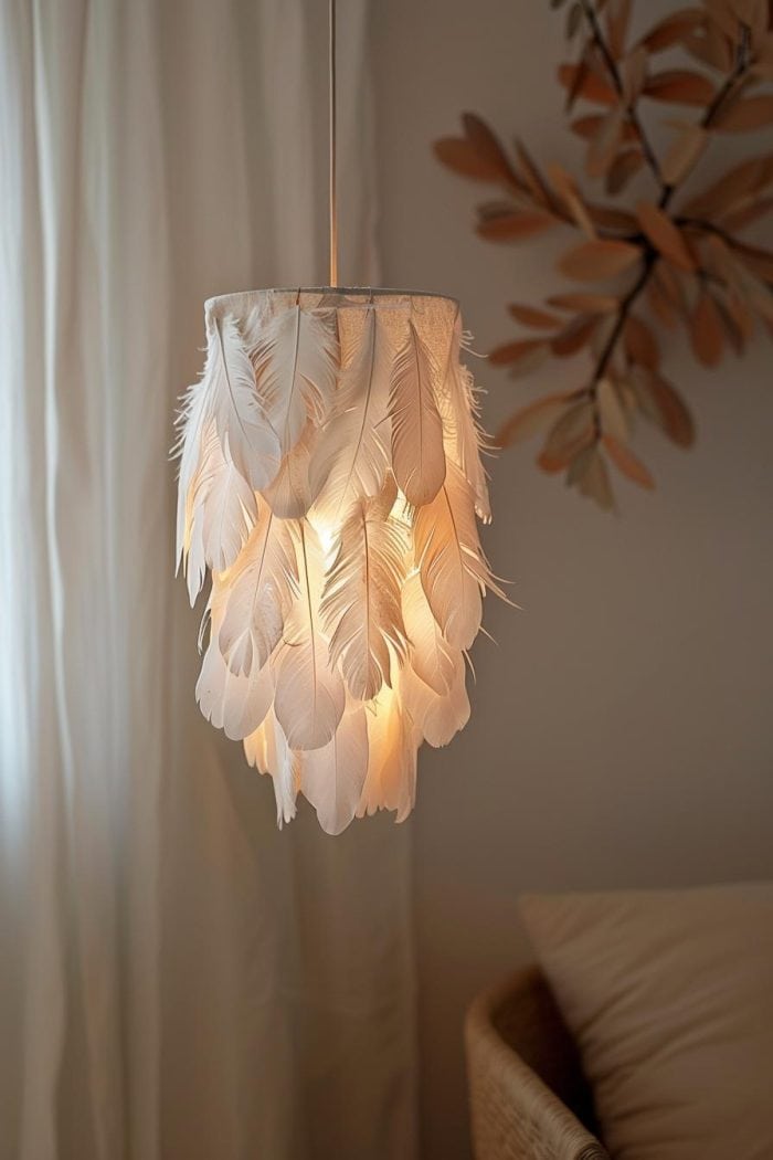 Enhance a pendant light by attaching feathers in decorative patterns, allowing for a soft diffusion of light.