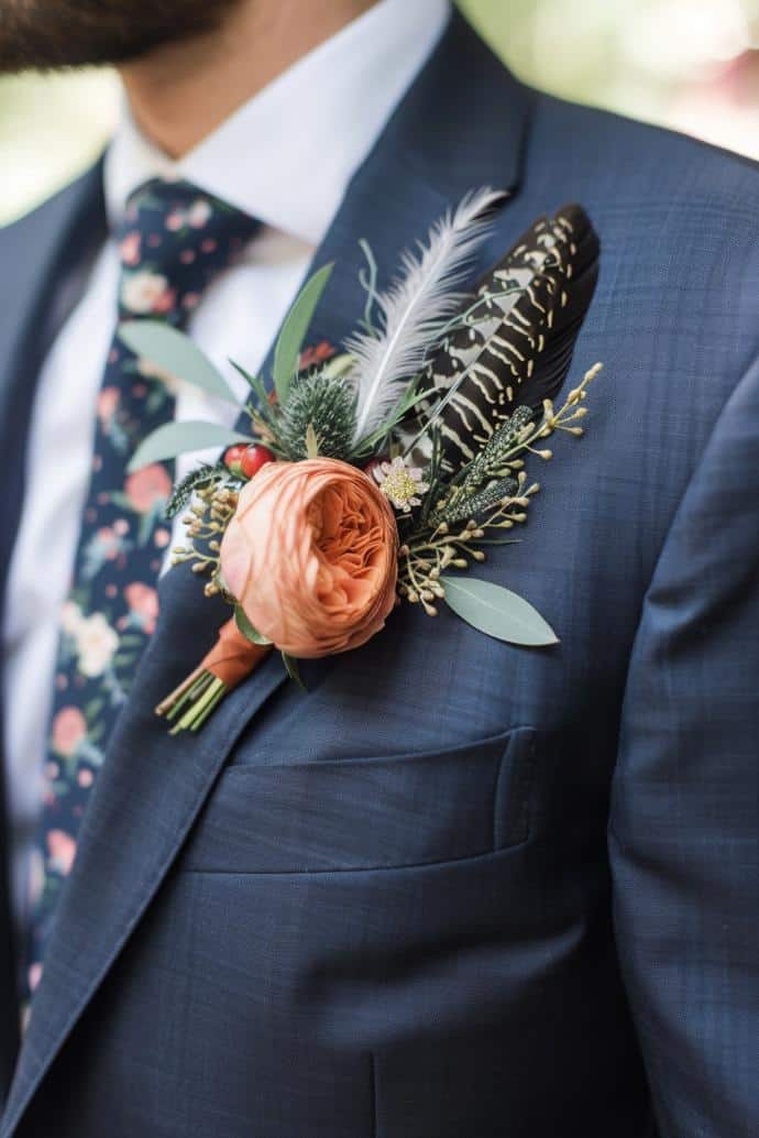 Assemble a boutonniere using small feathers and fresh flowers for a touch of natural elegance on formal wear.