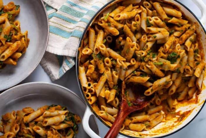 Vegan and gluten-free pumpkin pasta with spinach from My Chefs Apron