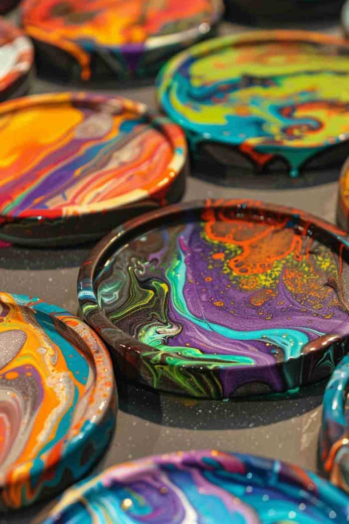 Layer different paint colors and water and pour them over coasters to achieve a marbled effect. The swirling patterns of color create a one-of-a-kind design, making each coaster a miniature abstract masterpiece.