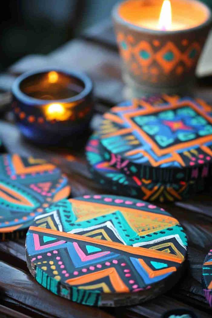 Create coasters with Aztec-inspired patterns using sharp lines and geometric shapes. These coasters offer a visual journey through rich cultural motifs and can serve as a striking conversation piece.