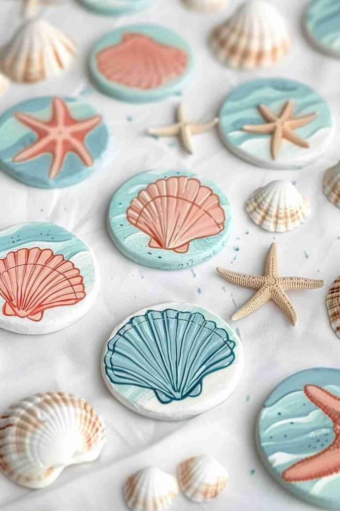 Paint coasters with designs of seashells and blue waves to capture the essence of the seaside.