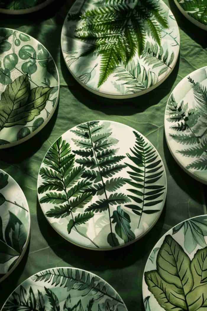Illustrate a variety of leaves and ferns on coasters, creating a botanical theme that brings the outdoors in. This natural motif can complement any room with a fresh, green touch reminiscent of a peaceful garden.