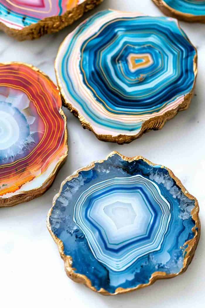 Recreate the layered beauty of agate slices with coasters painted in vibrant, swirling colors, edged to mimic the look of cut stone.