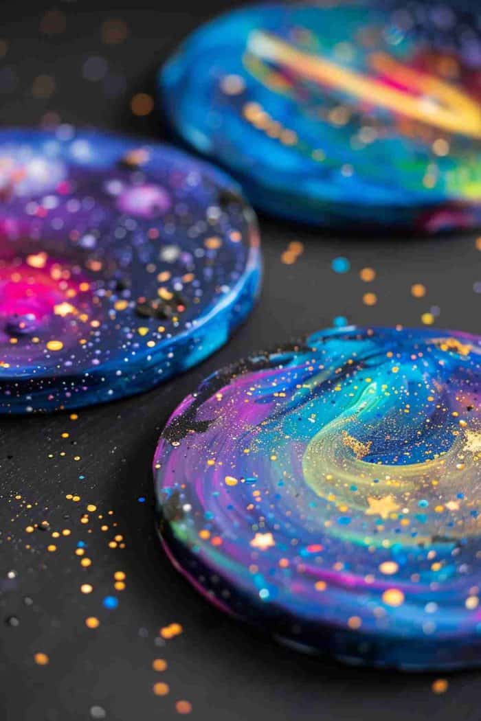 Create a cosmic display on coasters with painted galaxies, stars, and planets, each piece a window to the celestial.