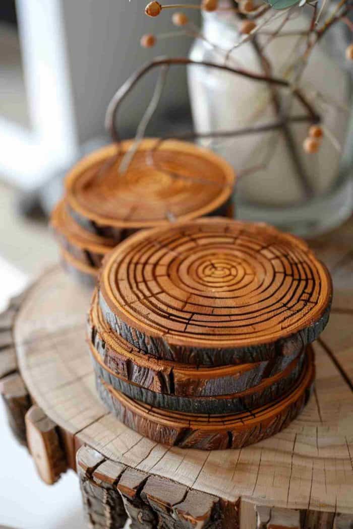 Imitate the intricate patterns of wood grain on coasters using paint, giving a warm, rustic feel to your decor.