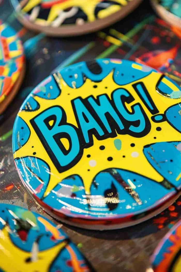 Decorate coasters with vibrant comic book pop art designs featuring bold onomatopoeic words and dynamic colors.