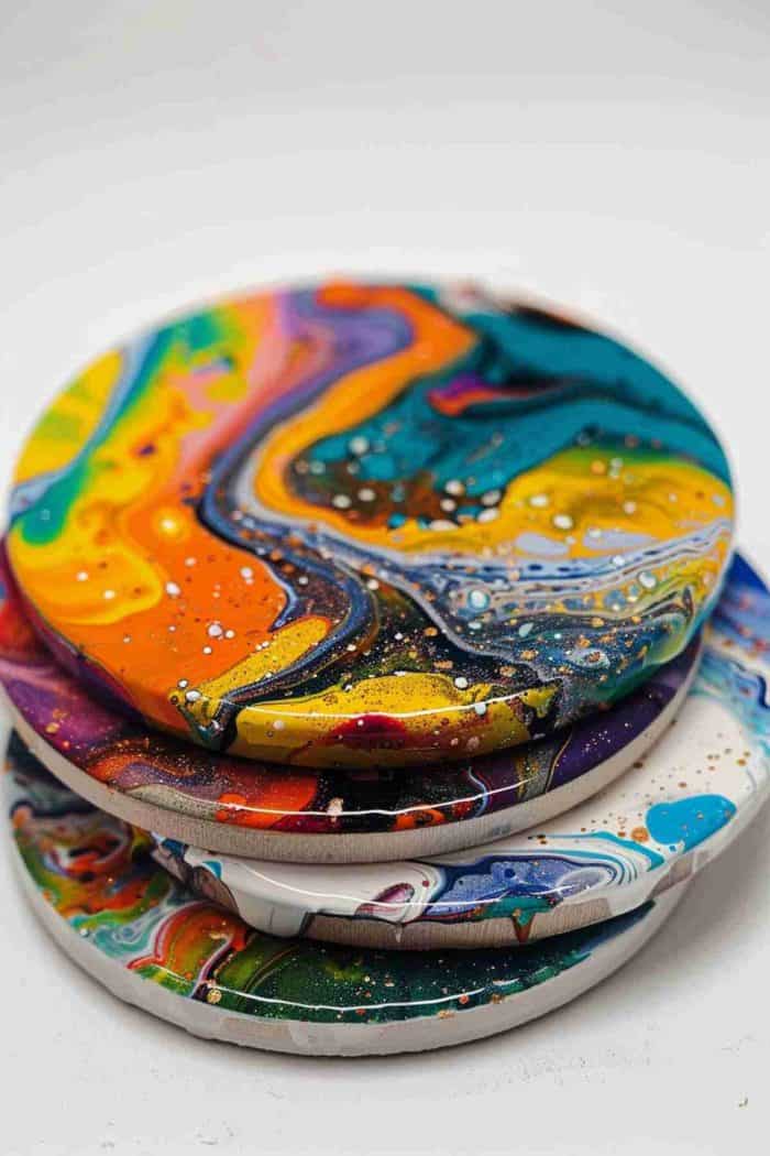 Utilize the acrylic pour technique to create abstract patterns on coasters, each a spontaneous mix of colors.