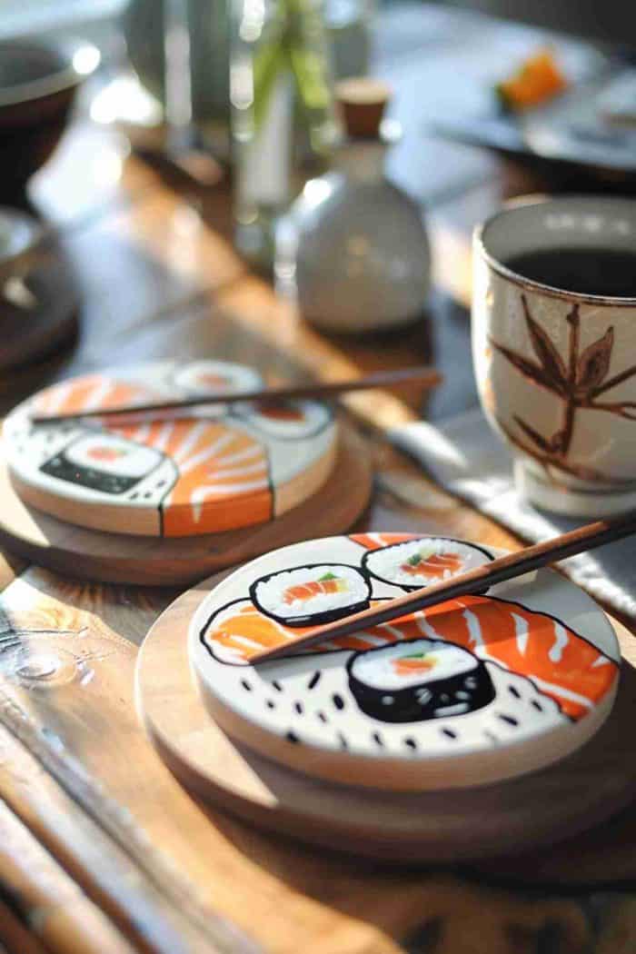 Illustrate favorite sushi pieces on coasters, creating a playful homage to Japanese culinary art.
