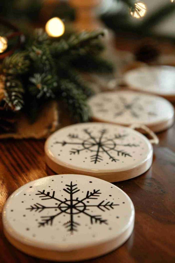 Depict delicate snowflake silhouettes on coasters, capturing the unique beauty of winter's signature.