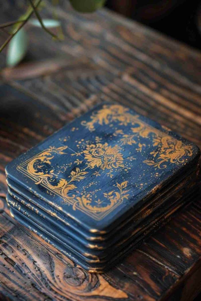 Coasters are designed to resemble the covers of antique books, complete with painted details that mimic gilded accents.