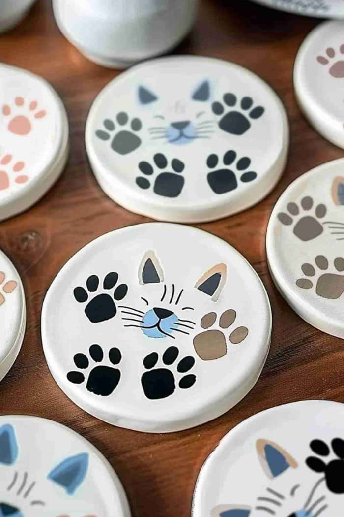 Craft coasters that feature the charming details of whiskers and paws, perfect for pet enthusiasts.