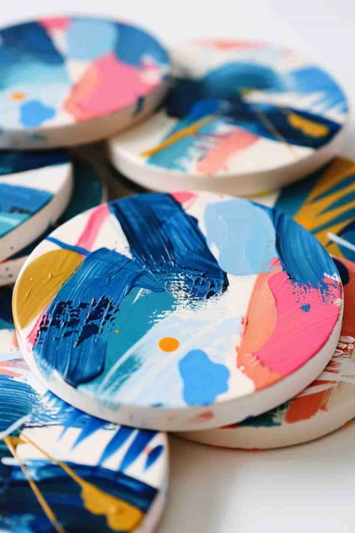 Utilize bold and expressive brush strokes to create abstract patterns on coasters, making each one a small piece of contemporary art.