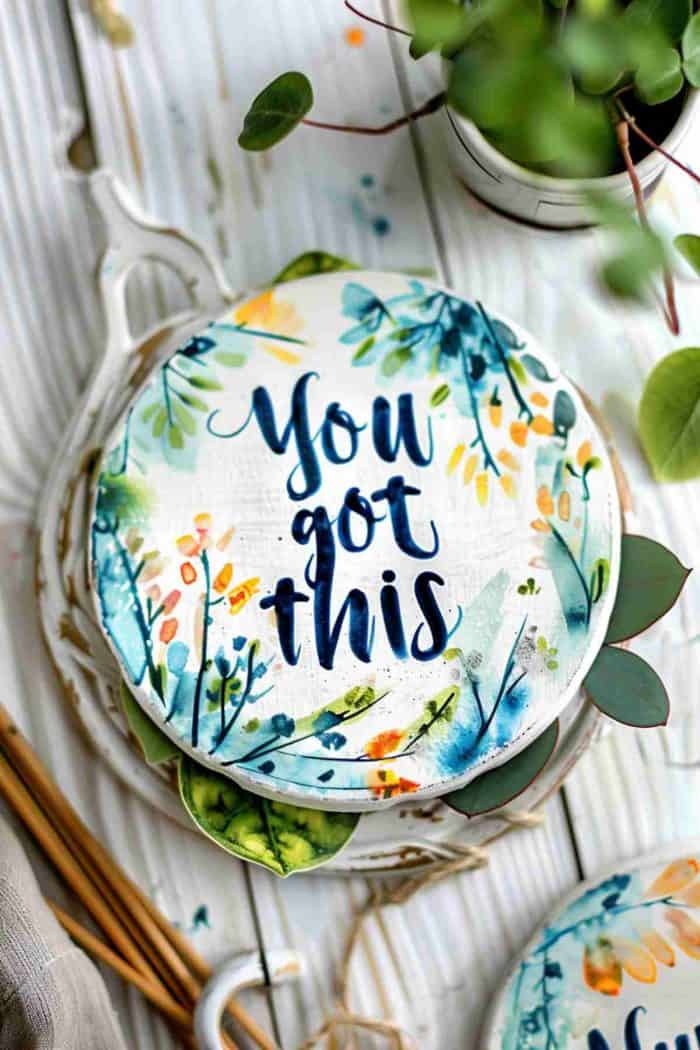Coasters feature hand-painted inspirational quotes such as “You got this” or “Believe in yourself” in flowing calligraphy, serving as a source of daily encouragement.
