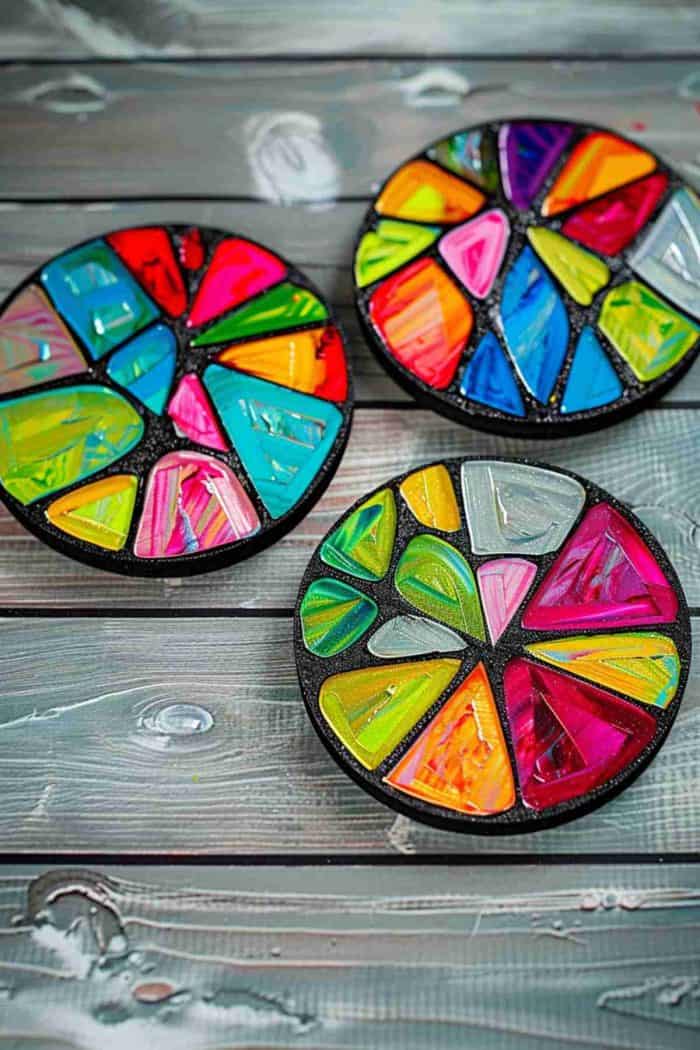 Mimic the look of stained glass windows on coasters with paints that replicate the vibrant colors and leaded lines.