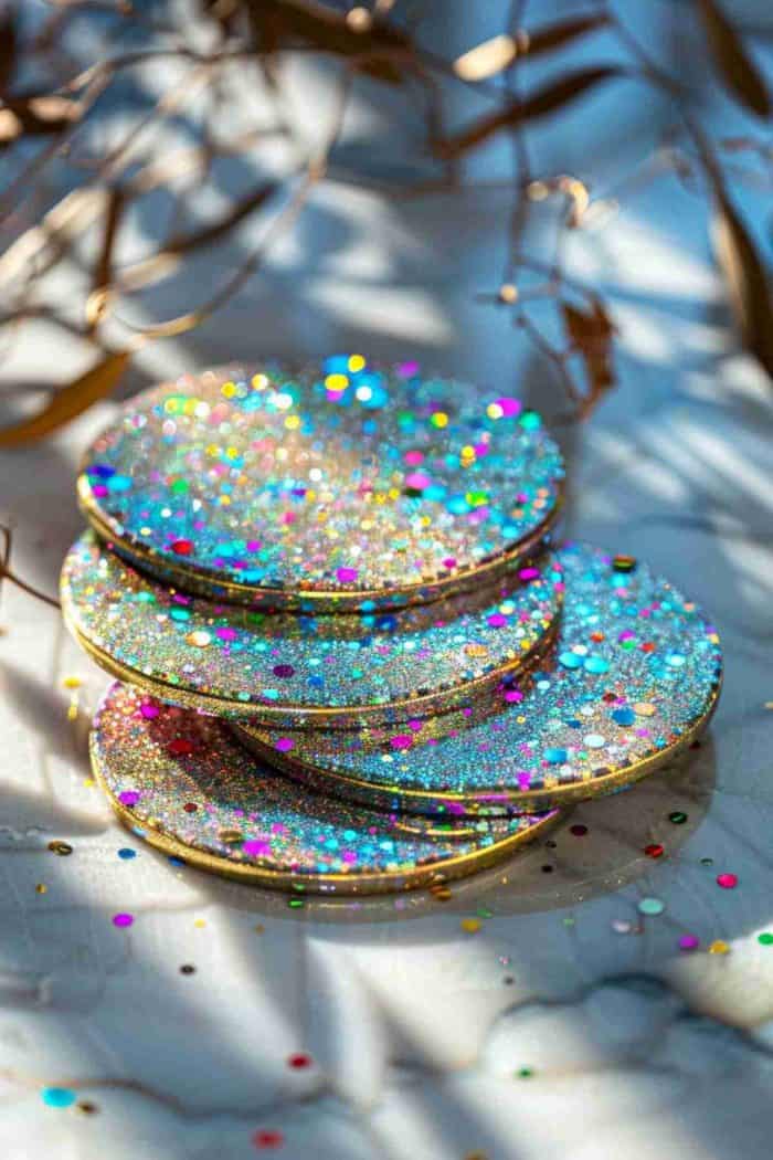 Apply glitter acrylic paint to coasters and sprinkle holographic glitter over the top for a sparkling finish. These glittery coasters reflect light, adding a playful and enchanting shimmer to any setting.