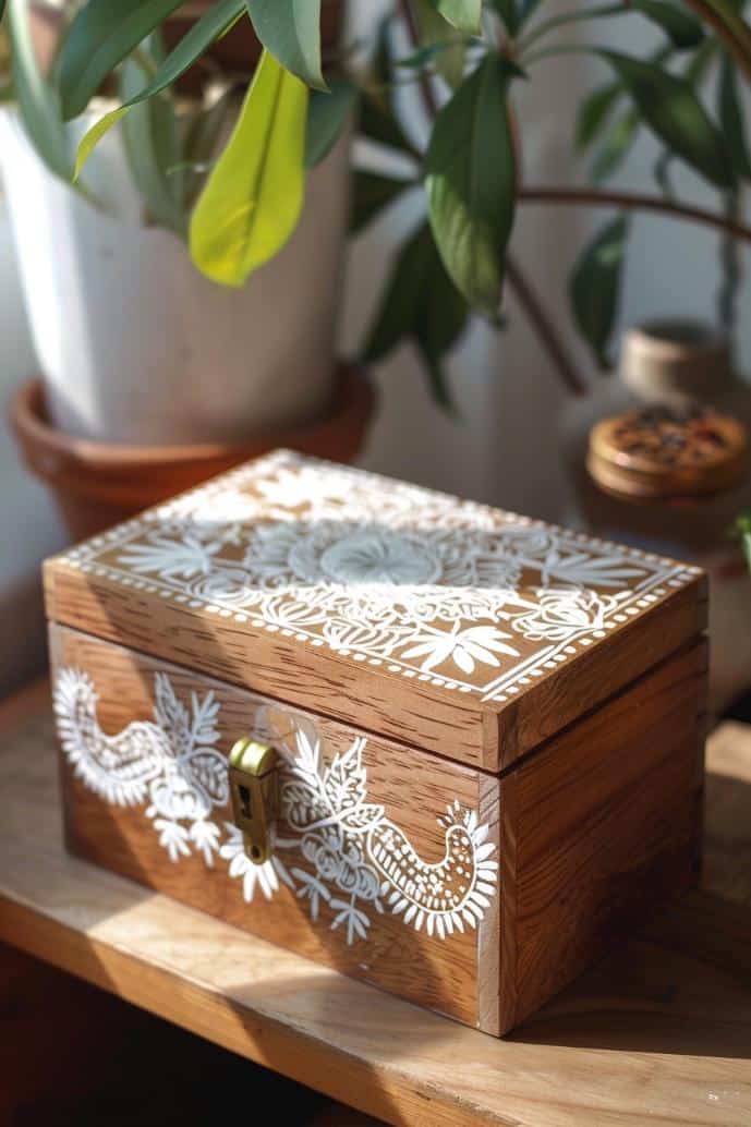 Apply a delicate lace pattern by laying a piece of lace fabric over the jewelry box and dabbing paint over it with a sponge. 
