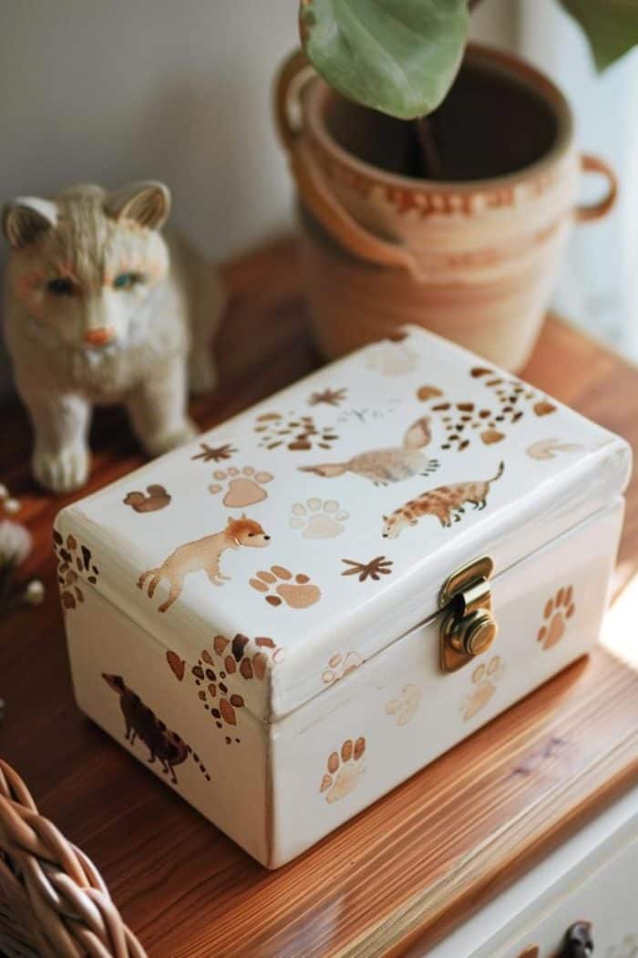 Decorate a jewelry box with paintings of adorable animals, then add paw prints across the surface to complement the lovely creatures. 