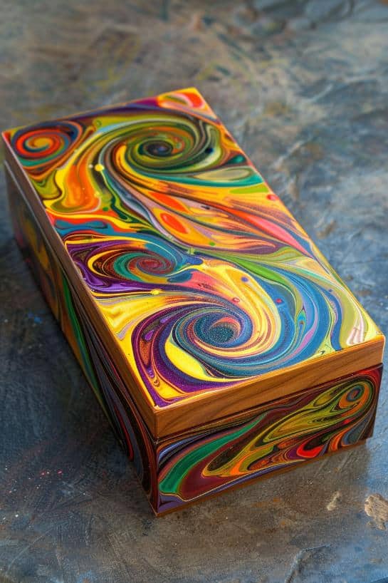 With a freeform approach, layer and swirl multiple paint colors directly on the box using a thick brush or even fingers. 