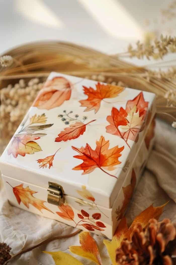 Capture the essence of autumn by painting a jewelry box with warm, rich hues of falling leaves. 
