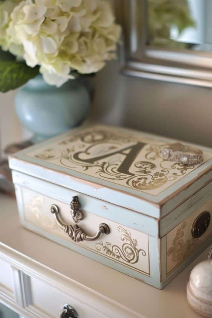 Personalize a jewelry box with a painted monogram using stencils or freehand techniques. This simple addition turns an ordinary box into a custom piece, showcasing the owner's initials in a stylish font and color of their choosing.