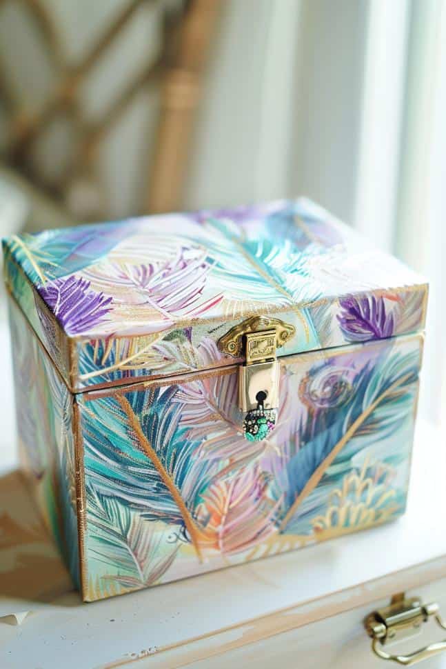 Create a bohemian-inspired jewelry box by painting feather shapes in soft, flowing lines. Use fine brushes to add details that mimic the delicate structure of feathers, giving the box an airy and whimsical feel.