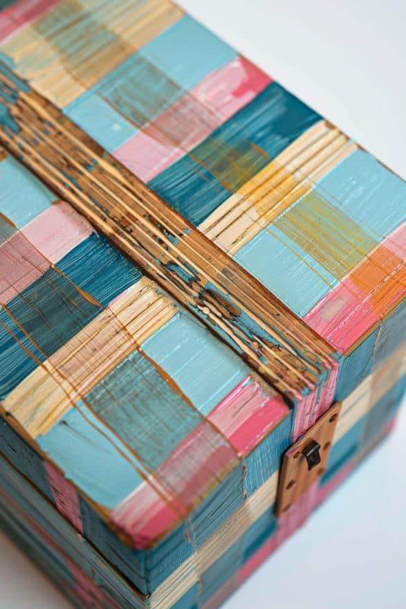Apply a classic plaid pattern using straight lines of varying thicknesses and colors. Tape can help achieve clean, intersecting lines, giving the jewelry box a traditional yet stylish look reminiscent of the popular pattern.
