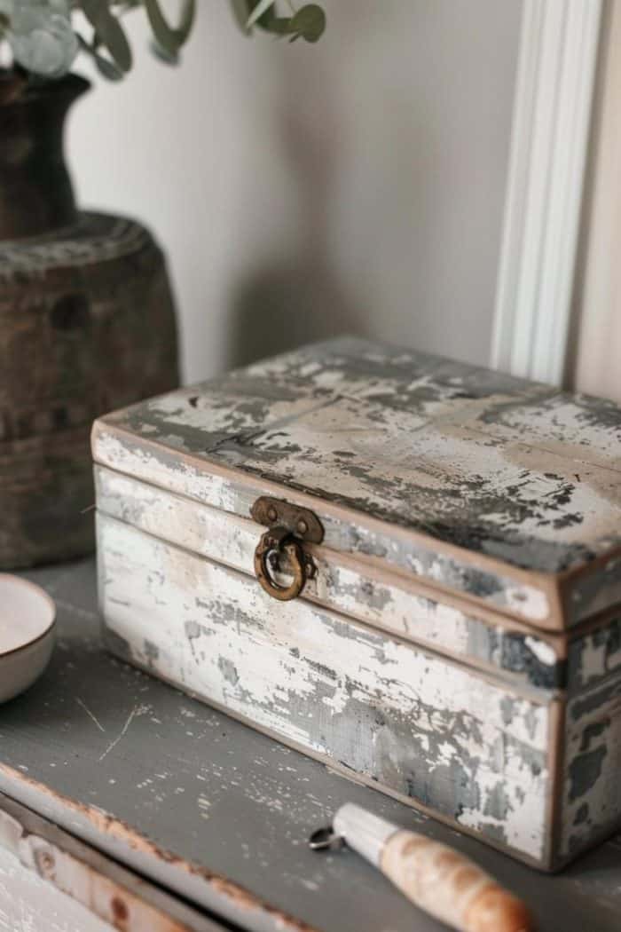 Achieve a faux stone effect by dabbing gray and white paint onto the box with a sponge. This technique creates the textured appearance of stone, adding a natural and rugged aesthetic to the jewelry box.