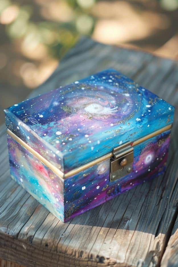 Using a natural sponge and a palette of deep blues, purples, and pinks, dab paint onto the box to mimic the mesmerizing swirls and depths of a galaxy. 