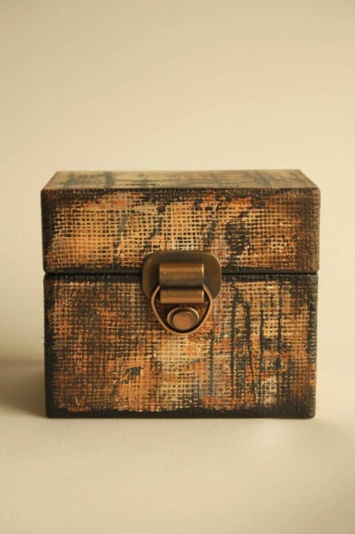 Simulate the texture of burlap by using thick brush strokes in a crosshatch pattern with brown and tan paints. This approach gives the jewelry box an earthy, tactile look, reminiscent of the rustic fabric.