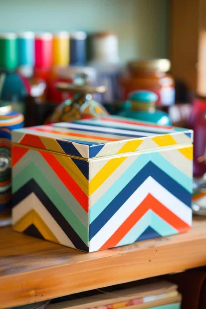 Use painter's tape to create a zigzag pattern for a chevron design on the box. Paint between the taped lines with contrasting colors for a sharp, modern look. 
