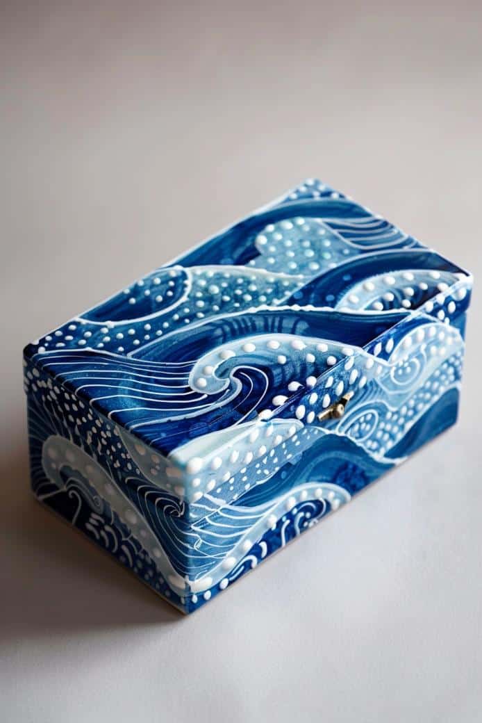 Paint rolling waves in shades of blue and white, adding circular bubble motifs to capture the essence of the ocean. 