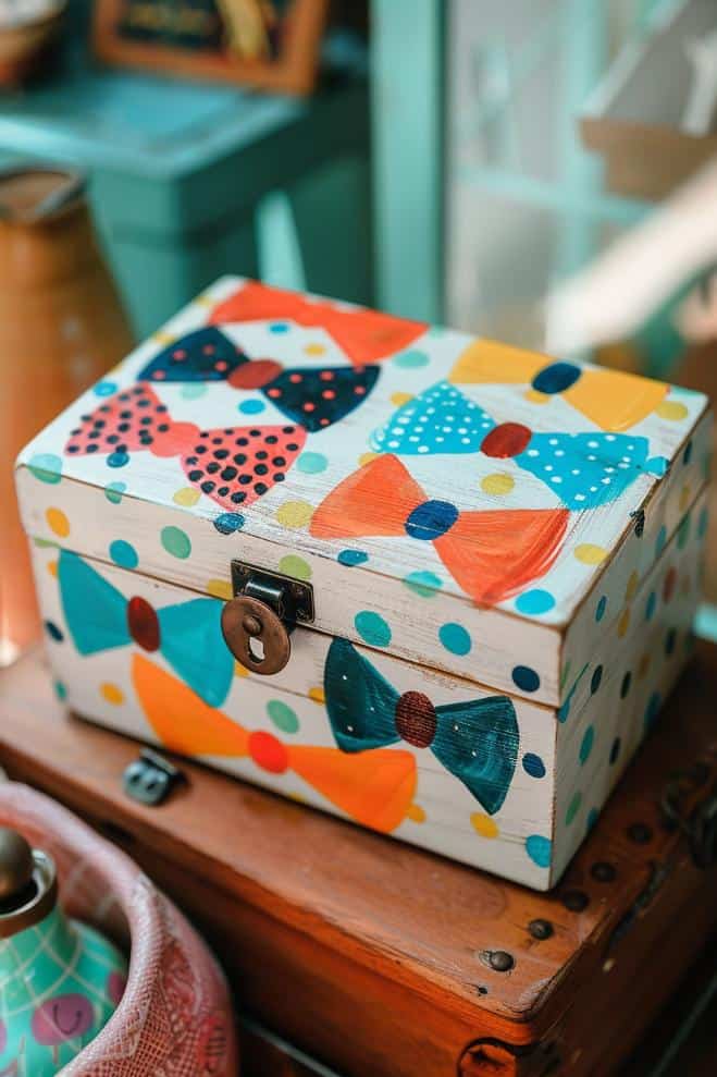 Adorn the box with a series of small, polka-dotted bow tie shapes for a whimsical and charming effect. 
