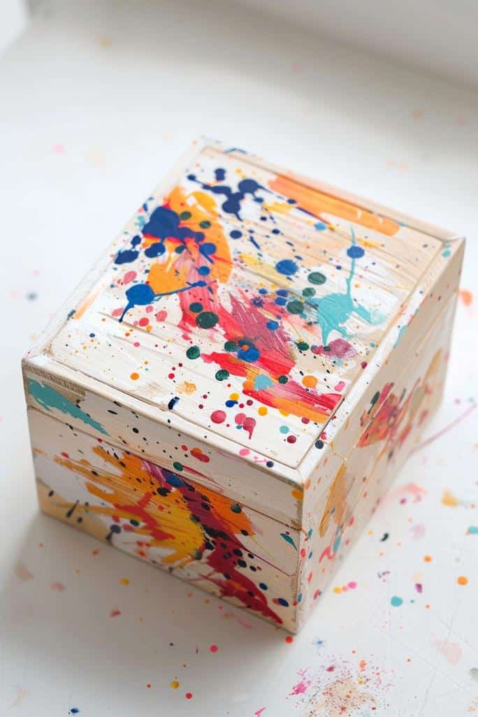 Paint a jewelry box with minimalist splashes of color for a modern, abstract look. Use a small brush to flick paint onto the box, creating an array of splatters that make a bold statement without overwhelming the piece.
