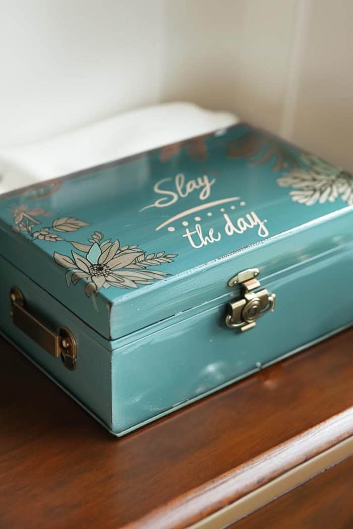 Personalize a jewelry box with stenciled quotes or phrases that inspire or resonate, such as “Slay the day.” 