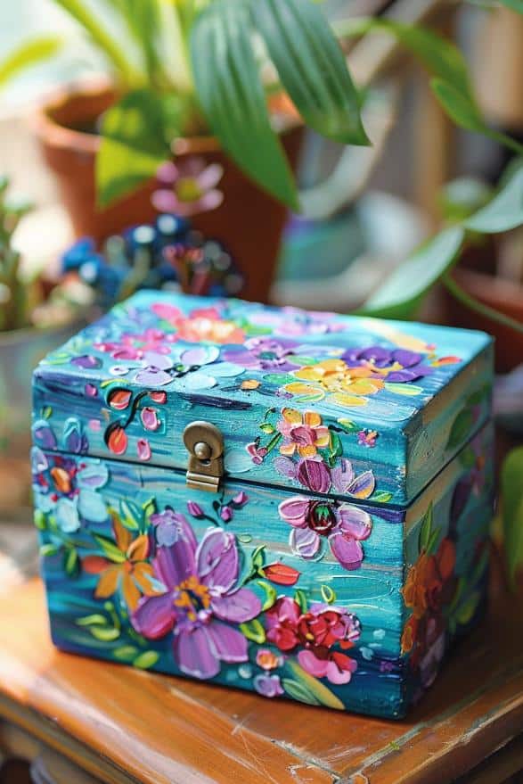 Finger painting isn't just for children; it's a tactile way to create abstract floral designs on a jewelry box. 