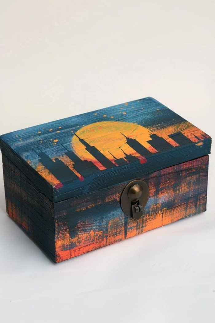 Depict a simple cityscape silhouette against a distressed twilight background. This design can capture the essence of urban life and provide a sophisticated backdrop for storing jewelry.