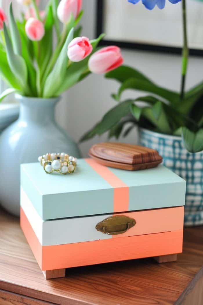 Select three colors — like white, blue, and peach —- and use painter's tape to divide the jewelry box into distinct sections. 