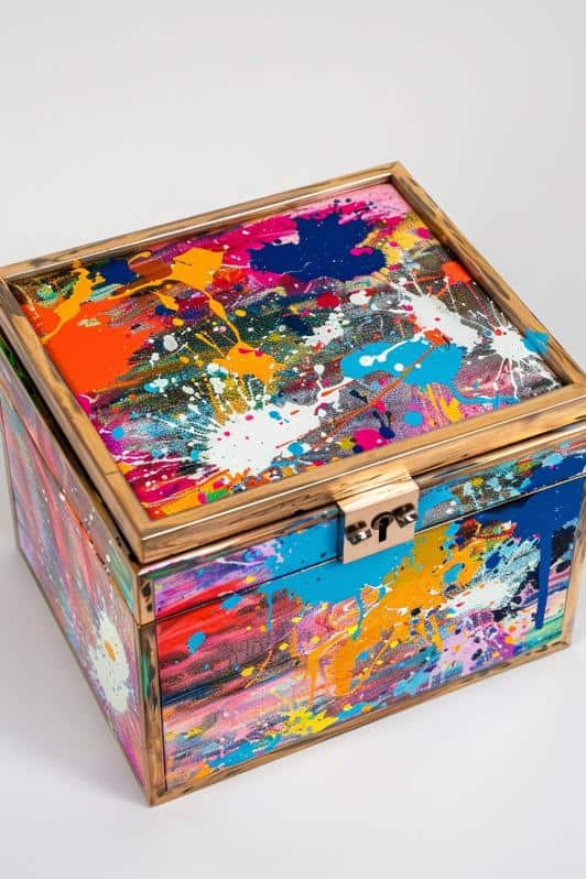 For an energetic and modern design, use a stiff brush to flick paint onto the surface of the jewelry box, creating a splatter effect. This technique is perfect for a lively, spontaneous look that can be customized with various colors.