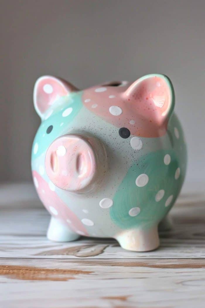 This piggy bank features a soft color palette. It is speckled with white polka dots over a pastel background.